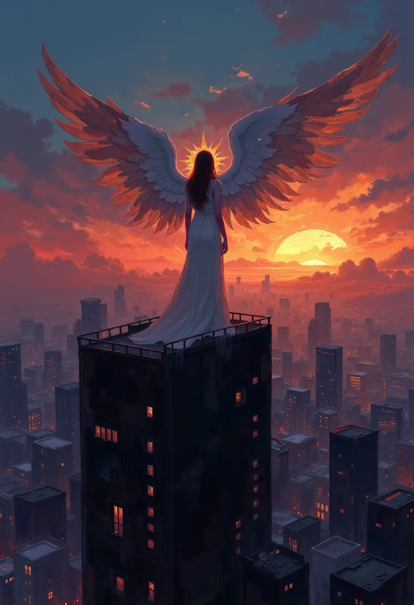 db4rz style painting 、modern cityscape at dusk 、perth、beautiful angel_back view, spread your wings and arms and look down at the...