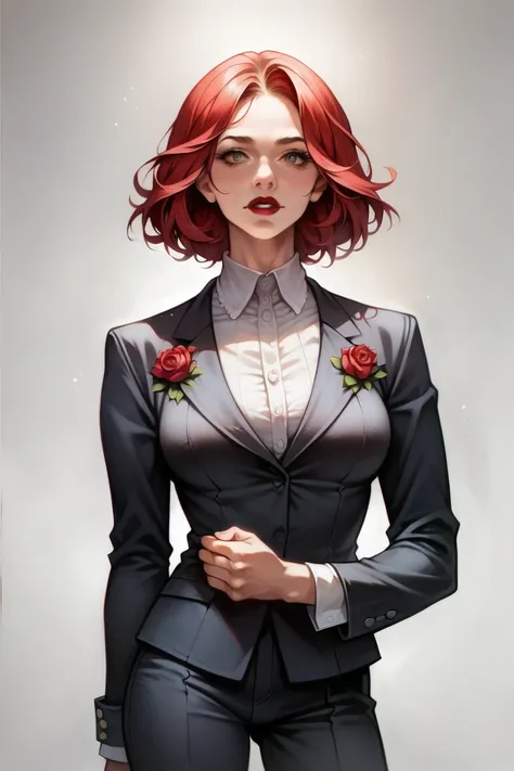 (high-level image quality), (high quality), (high resolution), (detailed), (masterpiece), beautiful young woman, ((caucasian)), red hair, medium bob, dark red lipstick, blank background, business suit