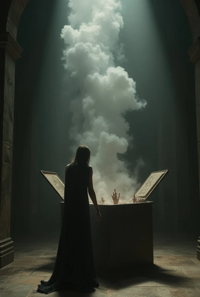 Pandora, shocked and pulling back as a dark, ominous cloud of smoke and figures representing suffering and disease pour out of the open box, standing in a stone room with shadows casting eerie shapes around, wide shot capturing the chaos and Pandora’s horr...