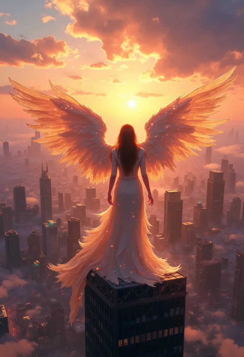 db4rz style painting 、modern cityscape at dusk 、perth、beautiful angel_back view, spread your wings and arms and look down at the...