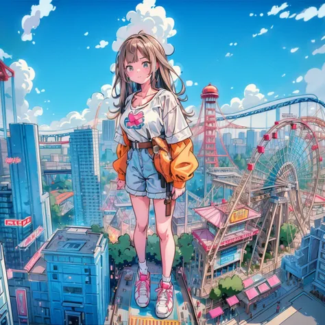 ((view from above))　masterpiece　　unreal engine　anime style　delicate painting　4k　90's　giant　crowd　 　amusement park　to　(((giant gi...