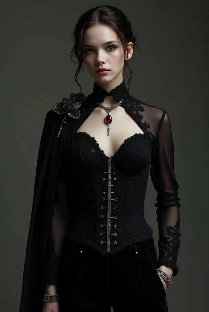 eryndor is a slender young man ,  with pale skin and intense crimson eyes .  he wears a tight lace black blouse ,  with high collar and shoulder ties .  he wears a decorative corset with silver details and a high waist velvet pants.  complements with varni