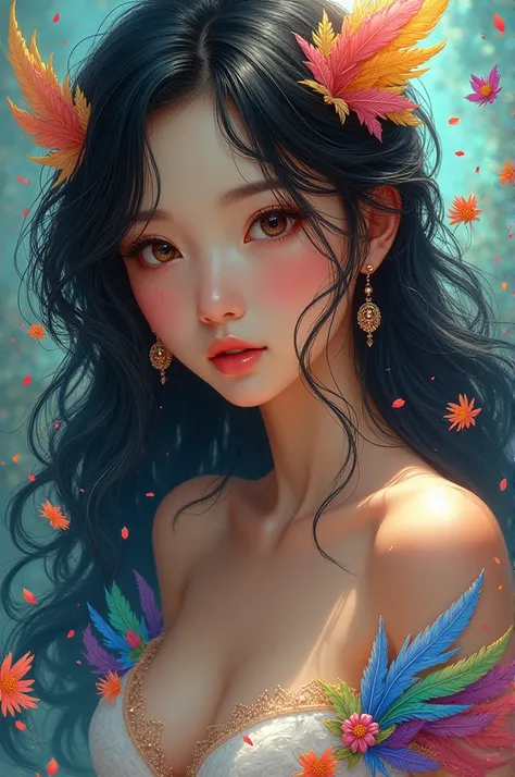 highest quality、highest quality、official art、beautiful beautiful:1.2)、(1 girl:1.3)、small breasts、bare shoulders、black hair、Color featheretal ornaments、flower of color、particle、Ray Star Piece of Light、highly detailed girl 、(fractal art:1.1)、(colorful:1.1)(f...