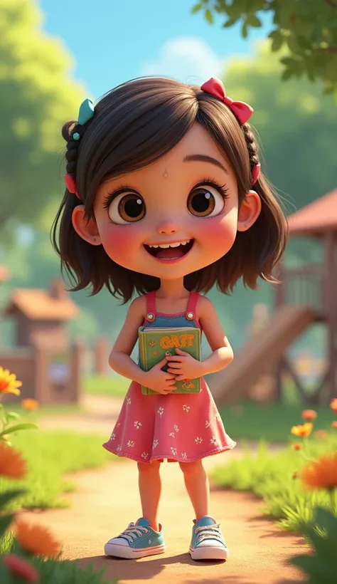 An  girl in the Pixar style can have the following details:

Face: Round, cute, bright face, big eyes that shine with joy, and slightly red cheeks, indicating good health and playfulness for her age.

Hairstyle: Shoulder-length hair or tied into a small po...