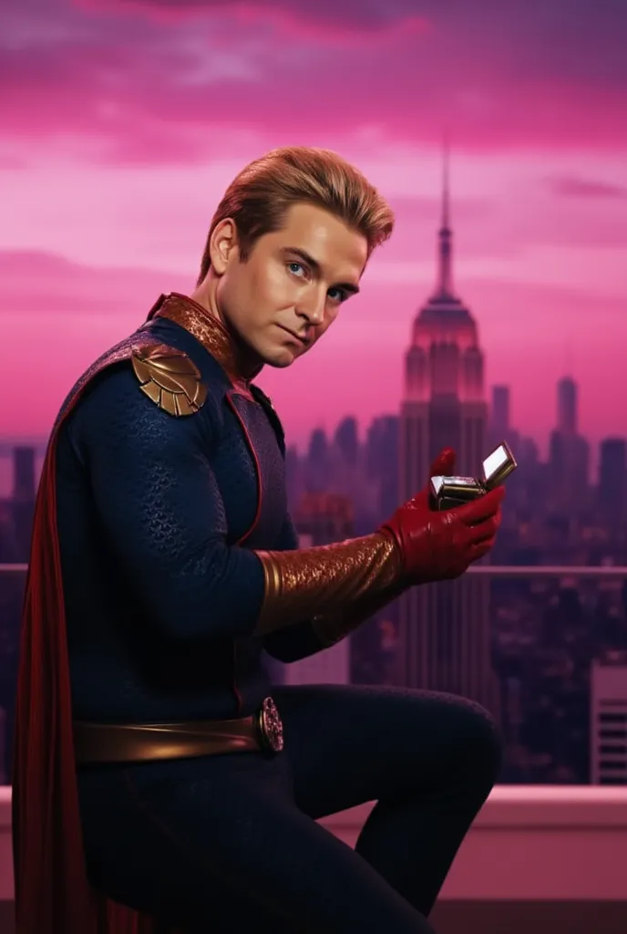 homelander wearing a superhero outfit with a cape, blonde hair, blue eyes, red gloves, down on one knee, holding a small box wit...