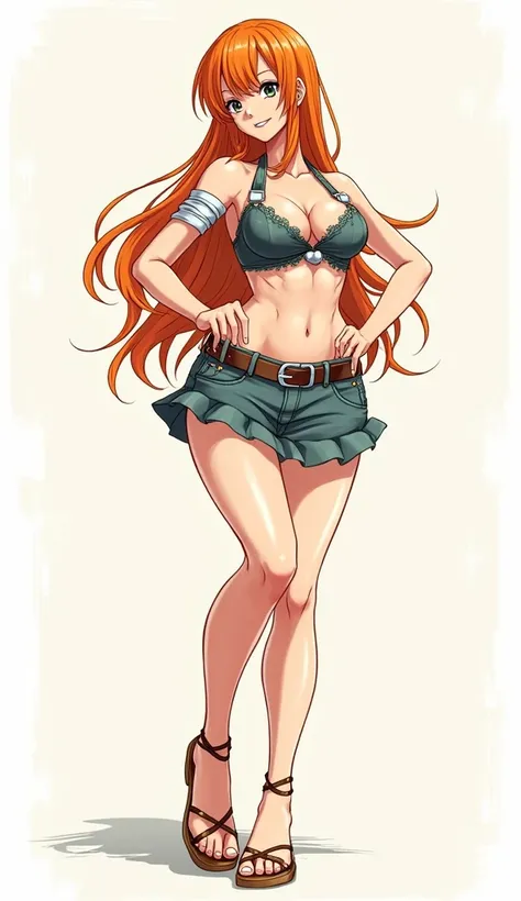 One Piece Nami wearing a miniskirt and top showing her belly, full body illustration