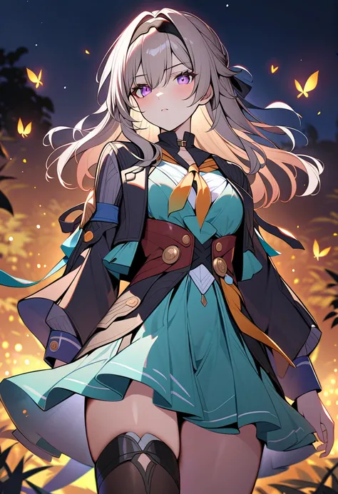 1girl, firefly (honkai: star rail), solo, silvery-blonde hair, light purple eyes, black thighhighs, hairband, gradient skirt, hair ornament, turquoise blouse, frilled collar, black cropped jacket, yellow neckerchief, cowboy shot, standing, floating hair, d...