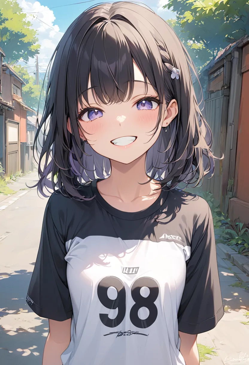 masterpiece, best quality, score_9, score_8_up, girl, petite, grin, t-shirt, outdoor,