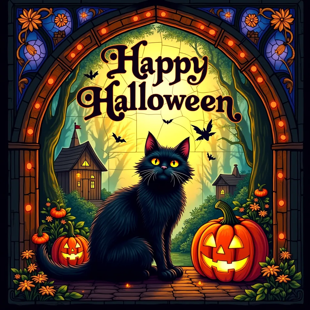 A fantasy stained-glass window depicting a cute black cat amidst Halloween imagery, glowing with vibrant colors, "Happy Halloween" written in ornate lettering within the design, cozy fantasy cottage, deep forest, intricate details, medieval inspired.