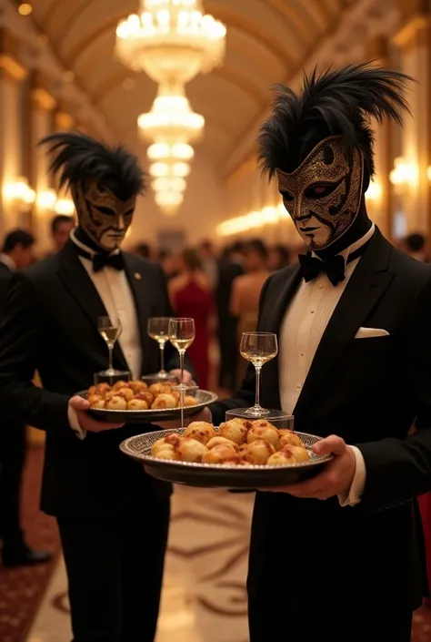 Waiters in dress clothes at masquerade ball