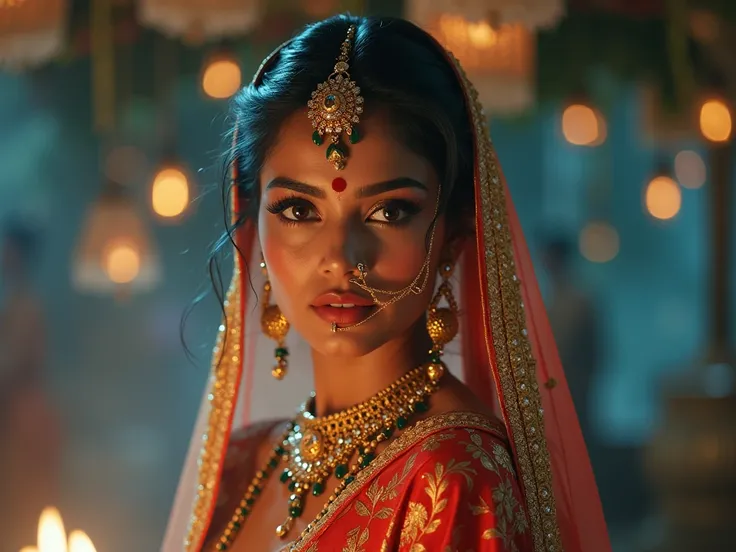 the intense beauty of an Indian woman, glowing glass skin,wear gold daimond royal jewellery, red bindi,eyeshadow,her face illuminated by firelight that reflects her boldness and the rich culture symbolized by her attire