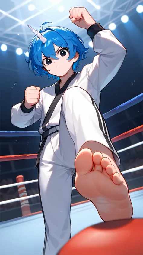 There was a lot of spectators off stage ， detailed background ， in the fighting ring，A cute boy showing the sole of a foot， blue hair ，Short hair，Bangs between eyes，蓝色的Unicorn，Unicorn， black eyes，taekwondo，White taekwondo uniform，Black edge，black taekwondo...