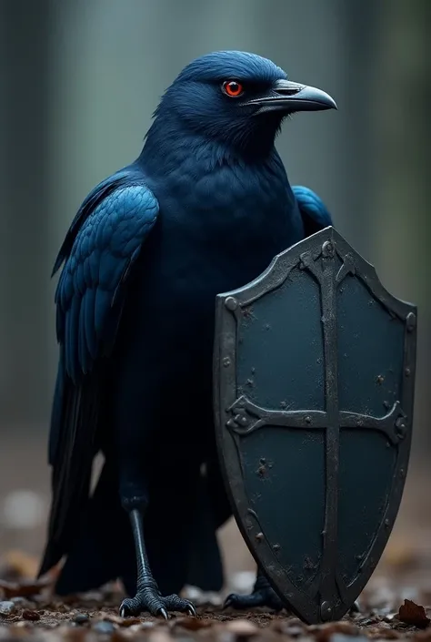 Blue jackdaw with red eyes holding a shield, turned to the front