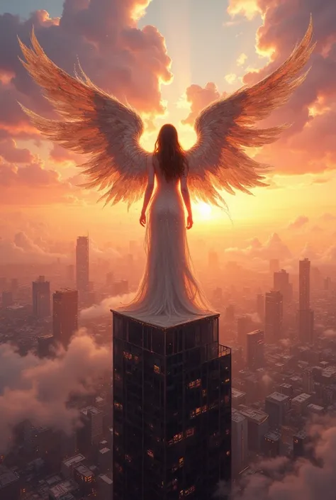 db4rz style painting 、modern cityscape at dusk 、perth、beautiful angel_back view, spread your wings and arms and look down at the...