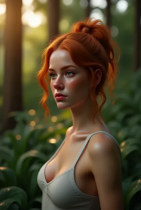 chloe detailed portrait, 1girl, sun setting behind the trees, warm sunny lighting, lush green foliage, detailed realistic landsc...