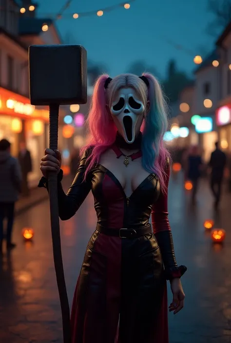   high detail,  realism , HDR, Super clear,    ultra high definition,   High dynamic range + Low noise level ,  Surreal crazy Harley Quinn with pink and blue hair,  on her face, a mask from the movie Scream ,  wearing a black and red witch costume  ,  hold...