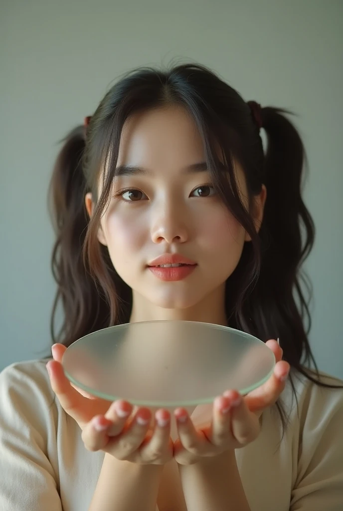 A woman in her early 20s who looks like IU holds a transparent glass plate about the size of the palm of her hand above her head 
I tied my long hair in two-pronged hair
The camera shoots from top to bottom
Women also look up
It describes very realisticall...