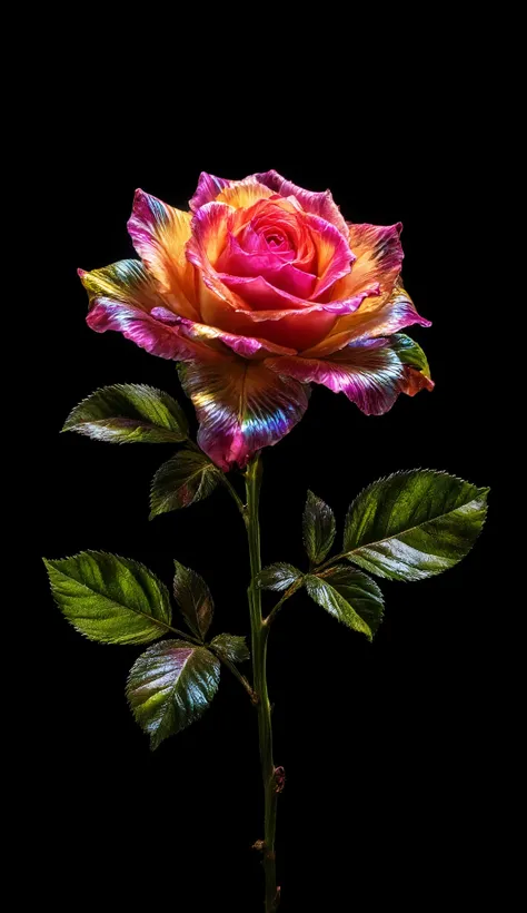 A single rose, each leaf a different color, a spiral gradation from transparent to iridescent, the background is velvet black, fresh and clear graphic photo art