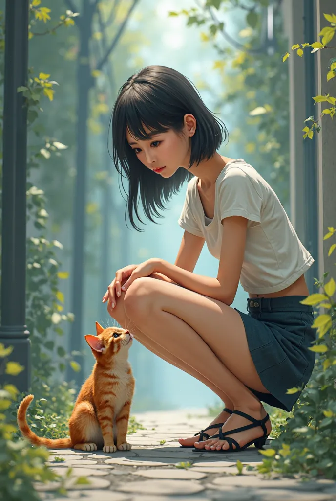 ((Best Quality)), ((傑Best Quality、masterpiece、High sensitivity、 high resolution、 Detailed Description 、 Delicate facial depiction)), Slender woman、Glasses、 miniskirt in length、Crouch down、Feed an abandoned cat 、