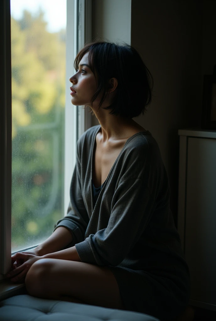 Editorial Photo, super detailed background , super real ,Double Exposure, depth of field , Beautiful Super Slender Skinny Woman Video,Soft Focus Dark Tone ,Sit by a window in a dimly lit room、Loose and casual clothing、A profile photo of a woman gazing out ...