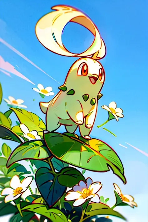 ,illustration,  pokémon, chicorita ,  happy , blue sky,  white flower background,