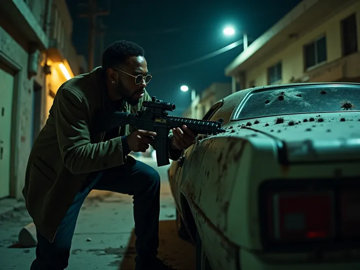 A Jamaican drug dealer firing an assault rifle, hiding behind a bullet-hole-ridden car, sedan, Los Angeles, abandoned street, perspective, nighttime, danger atmosphere, intense, cinematic, fix hands
