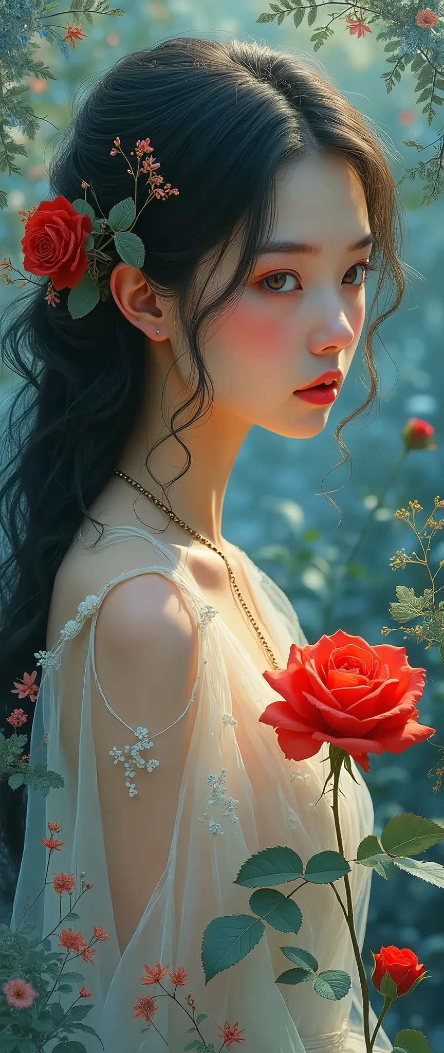 Exquisite details,  surreal atmosphere ,  ethereal beauty,  vibrant colors  ,  soft lighting, fantasy theme , mystical presence, Delicate Foliage ,  a beautiful red rose,  intricate patterns , Dream quality, Captivating gaze,  flat illustration 