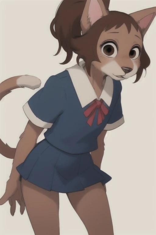 yoshioka haru , cat girl, s,blue uniform, miniskirt in length,  ponytail,  brown fur, brown hair,one person,