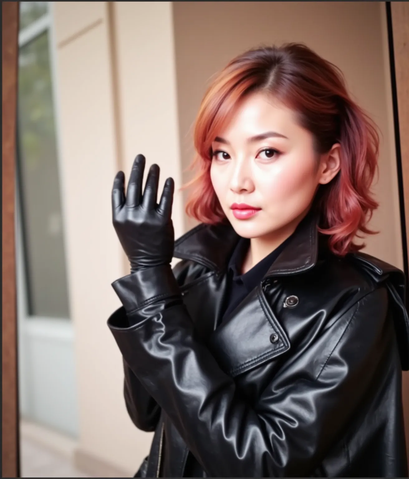 64k, ultra realistic black leather long gloves, black leather two korean female futanari fashion model-actress got penis with hy...