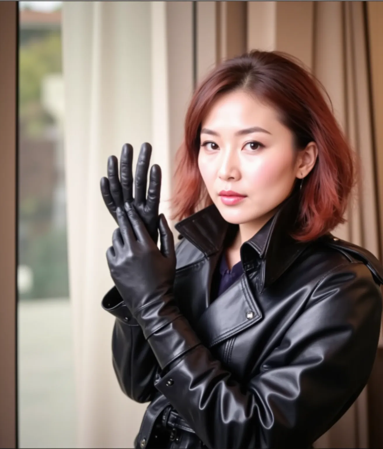 64k, ultra realistic black leather long gloves, black leather two korean female futanari fashion model-actress got penis with hy...