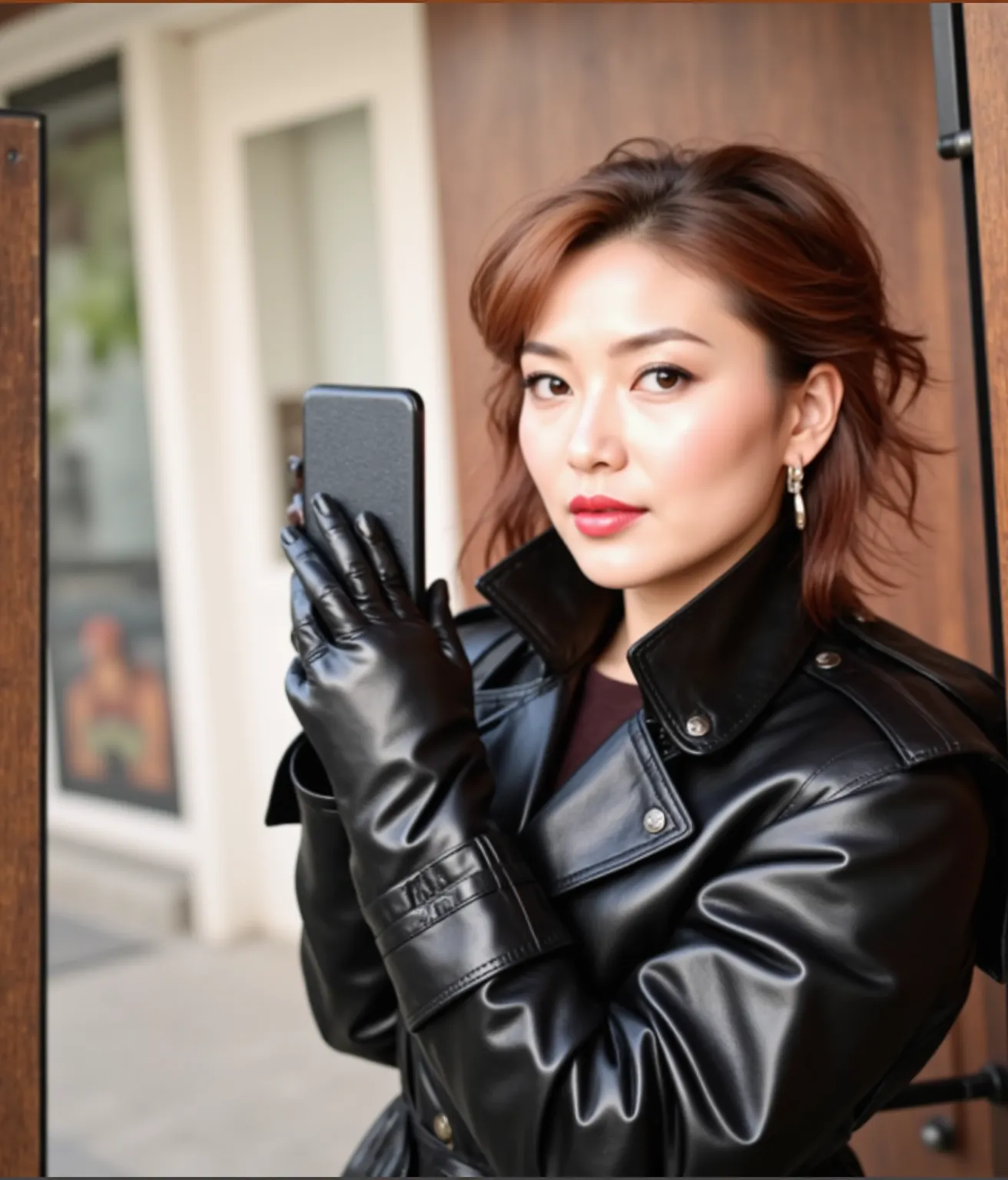 64k, ultra realistic black leather long gloves, black leather two korean female futanari fashion model-actress got penis with hy...