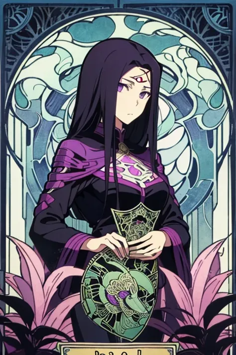 Maximalism,absurdres,masterpiece, best quality, a game Tarot style card (art nouveau:1.5), (zentangle:1.3), BREAK one girl, (card background is (Gorgon background:1.3), looking viewer, clear face, purity, short black hair, purple and black theme,