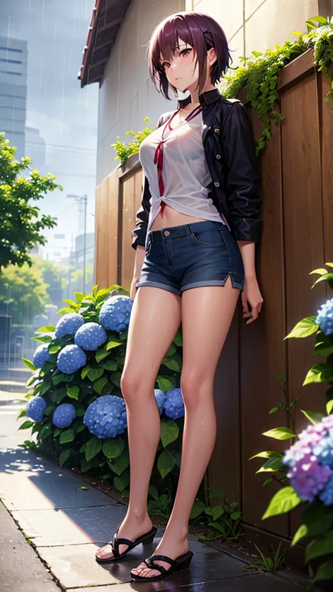 ((masterpiece , best quality)), ((( 1 girl ))), dark colored hair, short hair, tomboy, mature, expressive eyes, heterochromaia eyes , (perfect female proportions), (very large breasts), women loose shirt, with casual shorts, long legs, skinny legs, slim hi...