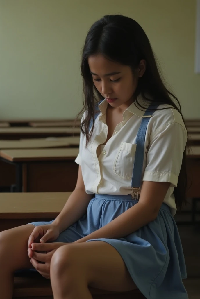 Real photo. An  Indian schoolgirl was sexually stimulated while sitting alone in her classroom in her school uniform. During this intense sexual excitement, her immature small breasts swelled. This sexual stimulation and fear causes her to pee on her cloth...