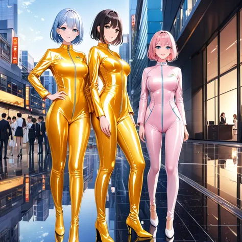 (Multiple girls),(最High image quality, 8k, masterpiece:1.3), (24 years old:1.5), (Grey Hair), ( bob cut ), (Oblique sky blue eyes), ((Full body enamel suit、blue、yellow line、The line from the base of the foot to the chest、no zipper 、Rubber Suit、Gloss、reflec...