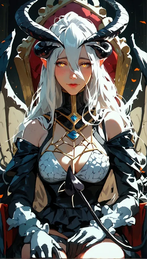 albedo(scales armoured succubus)(dragon eyes)(sitting on throne)(1girl)(solo)(front view)(elf)(demon horns)(gothic face)(full bo...