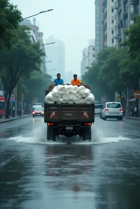 On a heavy down pour day in a busy city road full of water logging depict a truck loaded on its backside with hydrogel roll , is coming up in fully waterlogged road upto its tyre level. Show hydrogel sheet absorbing rainwater and sheet loaded on to truck b...