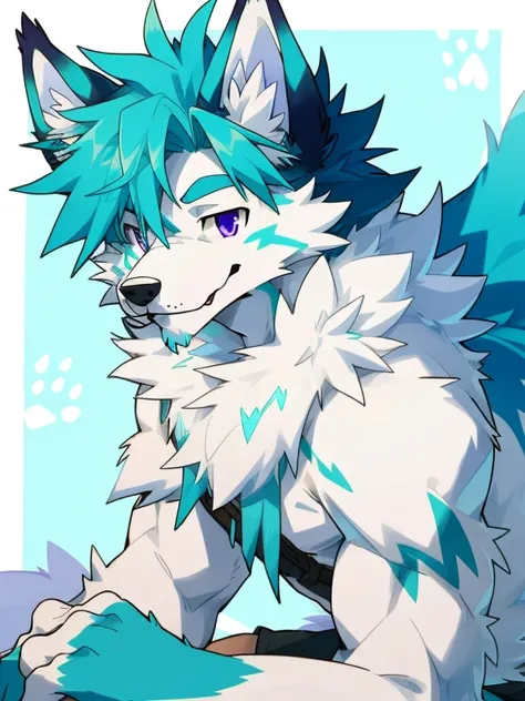 male, anthro, furry, dog (arctic wolf), solo male, fur texture, soft expression, smiling, messy fur, turquoise paws, lightly spiky turquoise hair, purple eyes 