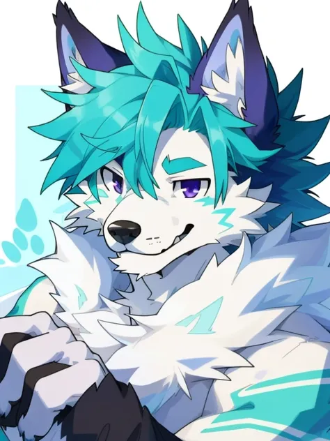 male, anthro, furry, dog (arctic wolf), solo male, fur texture, soft expression, smiling, messy fur, turquoise paws, lightly spiky turquoise hair, purple eyes 