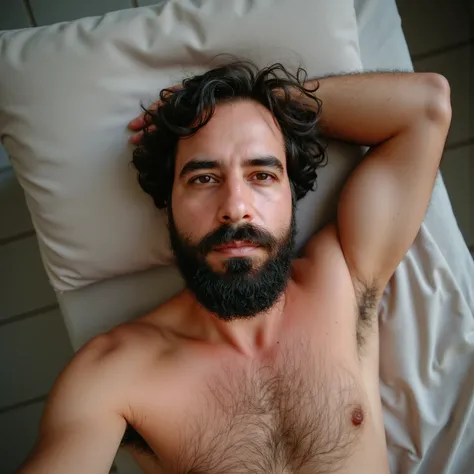 Generate a high-resolution image of a 38-year-old man lying on his back, viewed from above in a medium shot that focuses on his upper body. He has a medium-length, carefully groomed beard and lightly tanned, textured skin, adding a natural, rugged appeal. ...