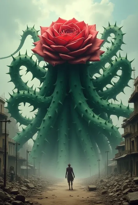 photorealistic oil painting, detailed,  gigantic rose monster with countless green tentacles with spines, 1 gigantic rose flower, As tentacles spreading on the surrounding ground , collapsed building in destroyed city background, cinematic lighting, shadow...