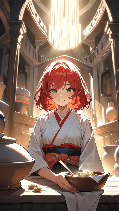 1 girl, A graceful smile, Green Eyes,  Long Red Hair with Hair Gathered Together, Beautiful kimono, Small breasts,  Poses Holding a Chest of Treasures ,  Pottery Skin ,  
break,  Inside a Shining Castle , (Mysterious Light:1.4), Legendary Atmosphere ,  
br...