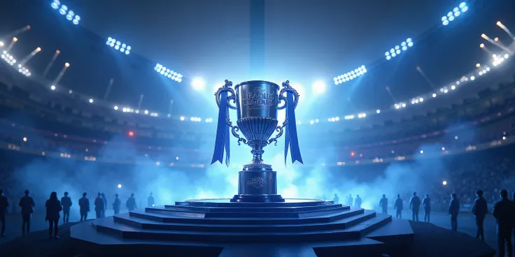 C4D modeling，OC rendering，3D Style，Low angle view ， a silver trophy in the center of the stadium stage，Center of the venue stage， The top light hits the trophy， League of Legends e-sports game scene ,  conceptual art, League of Legends Champion ，Blue tint，...