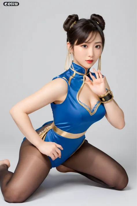 Street Fighter character Chun Li， wearing a classic blue cheongsam STYLE CLOTHING ， white trim and gold embellishment ， high slit design ，The hair is combed into the iconic double ball head and wrapped in a white cloth， with white ribbon hair accessories a...