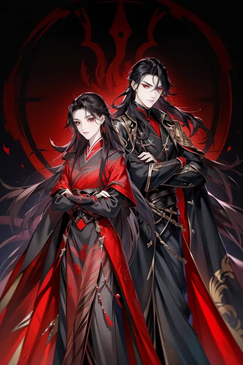 vampire couple man and female, hanfu, luxurious uniform black clothes，shoulder blades，goth style（shooting from front）hold your a...