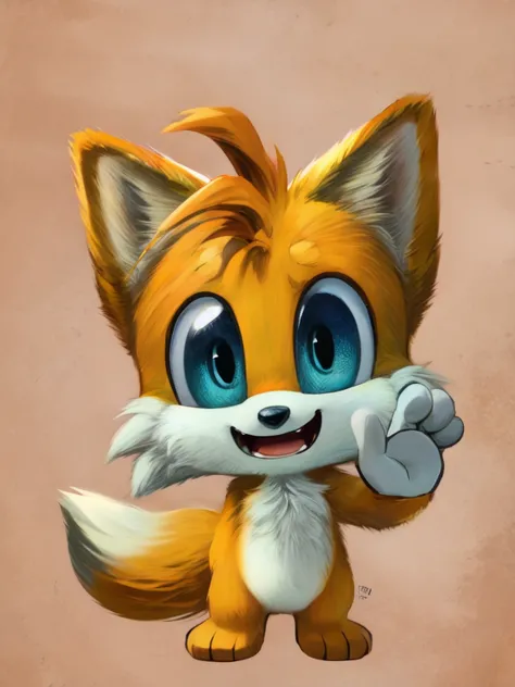 best quality,high quality, tails_prower,bright blue sclera,black pupils,smiling, green hill, cute, chibi