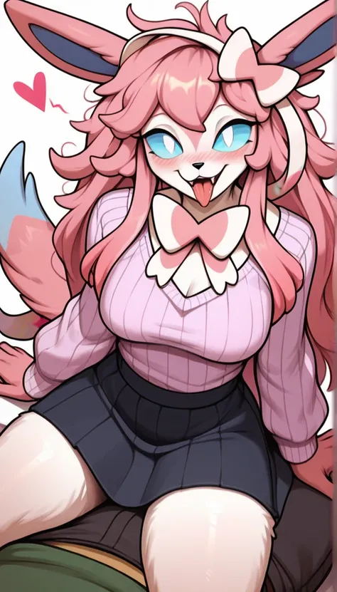 crazy expression, intimate expression, 1girl, anthro, furry, fur, fluffy fur, fluffy big pink tail, sylveon girl, pink hair, long hair, messy hair, cyan hair highlights, (19 years), white eyes, cyan sclera, medium breast, thicc thighs, lots of hearts, (any...