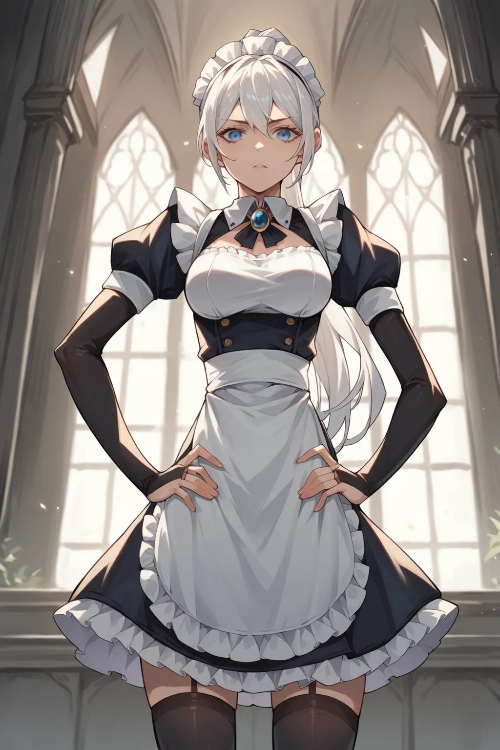 score_9, score_8_up, score_7_up, source_anime, 1girl feliciadef, white hair, ponytail, blue eyes, maid headdress, brooch, maid a...