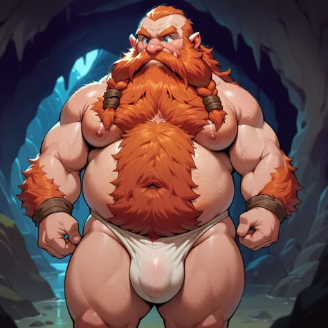 dwarf, dwarven, big beard, hairy chest, stocky, bearded, big bulge, very hairy chest, flex arm, shirtless, sweaty, in a cave (erect dick), cave mine gold