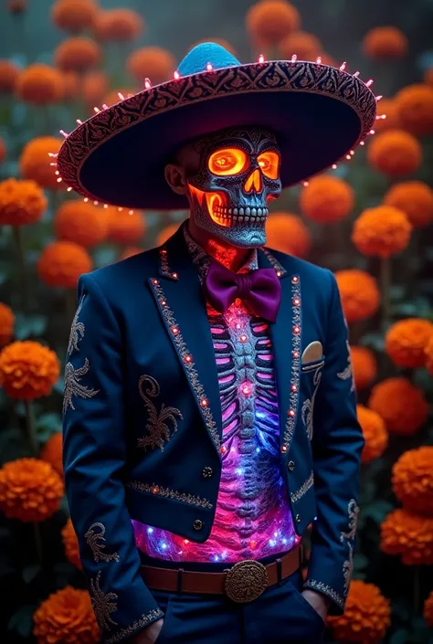 Create an image of a man wearing a mariachi suit with a skeleton mask and exposed skeleton parts and whose costume has LED lights,  and flowers from the Day of the Dead from Mexico  